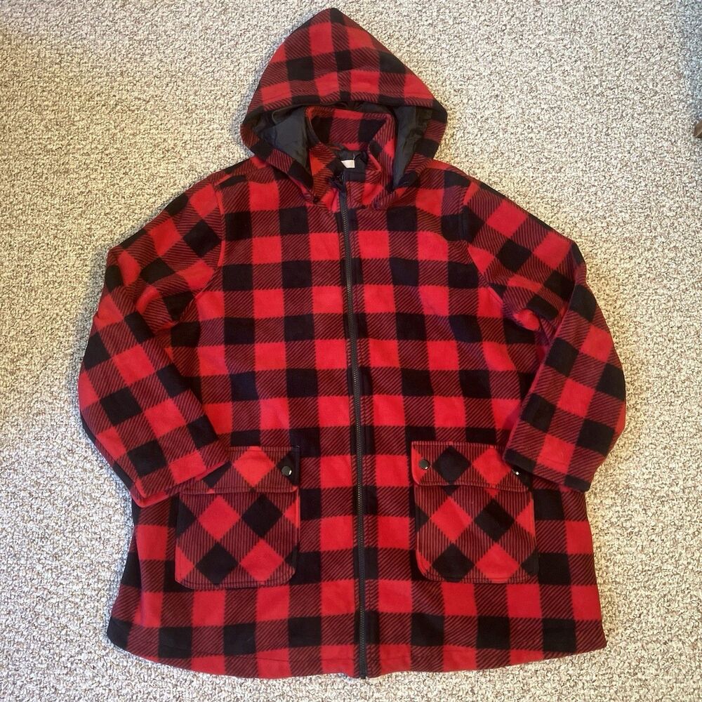 Woman Within Fleece Hooded Zip Jacket Plus Size 1X 22-24 Buffalo Plaid Pockets